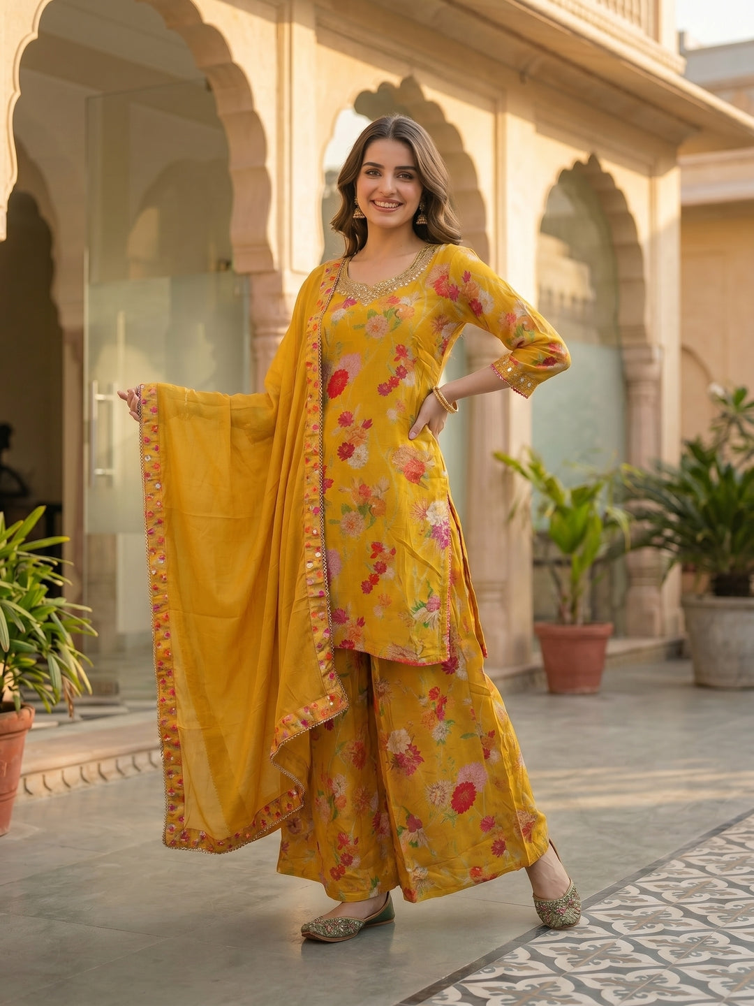 Floral Printed & Sequin Embroidered Straight Kurta with Palazzo & Dupatta - Yellow