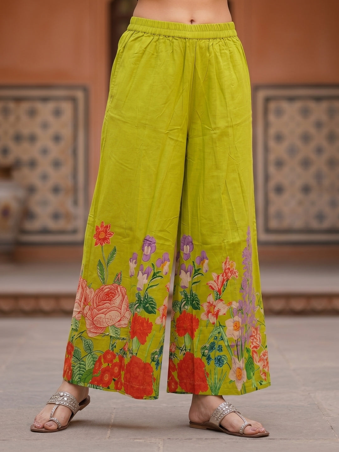 Floral Printed & Embroidered Neckline Straight Kurta with Palazzo & Dupatta - Lime Green