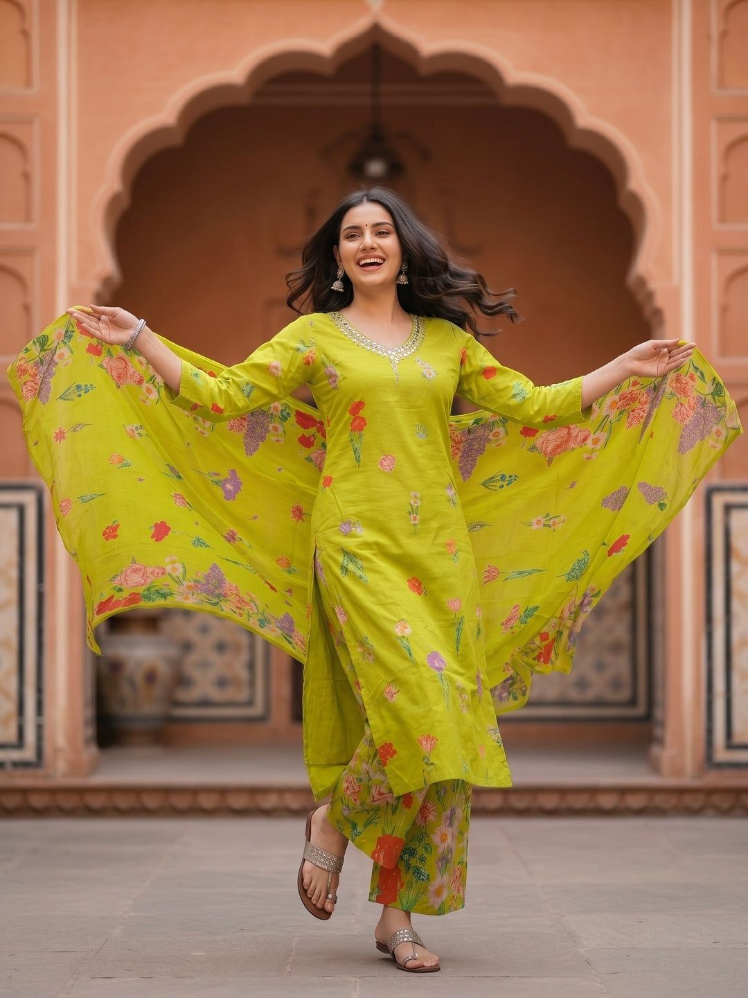 Floral Printed & Embroidered Neckline Straight Kurta with Palazzo & Dupatta - Lime Green