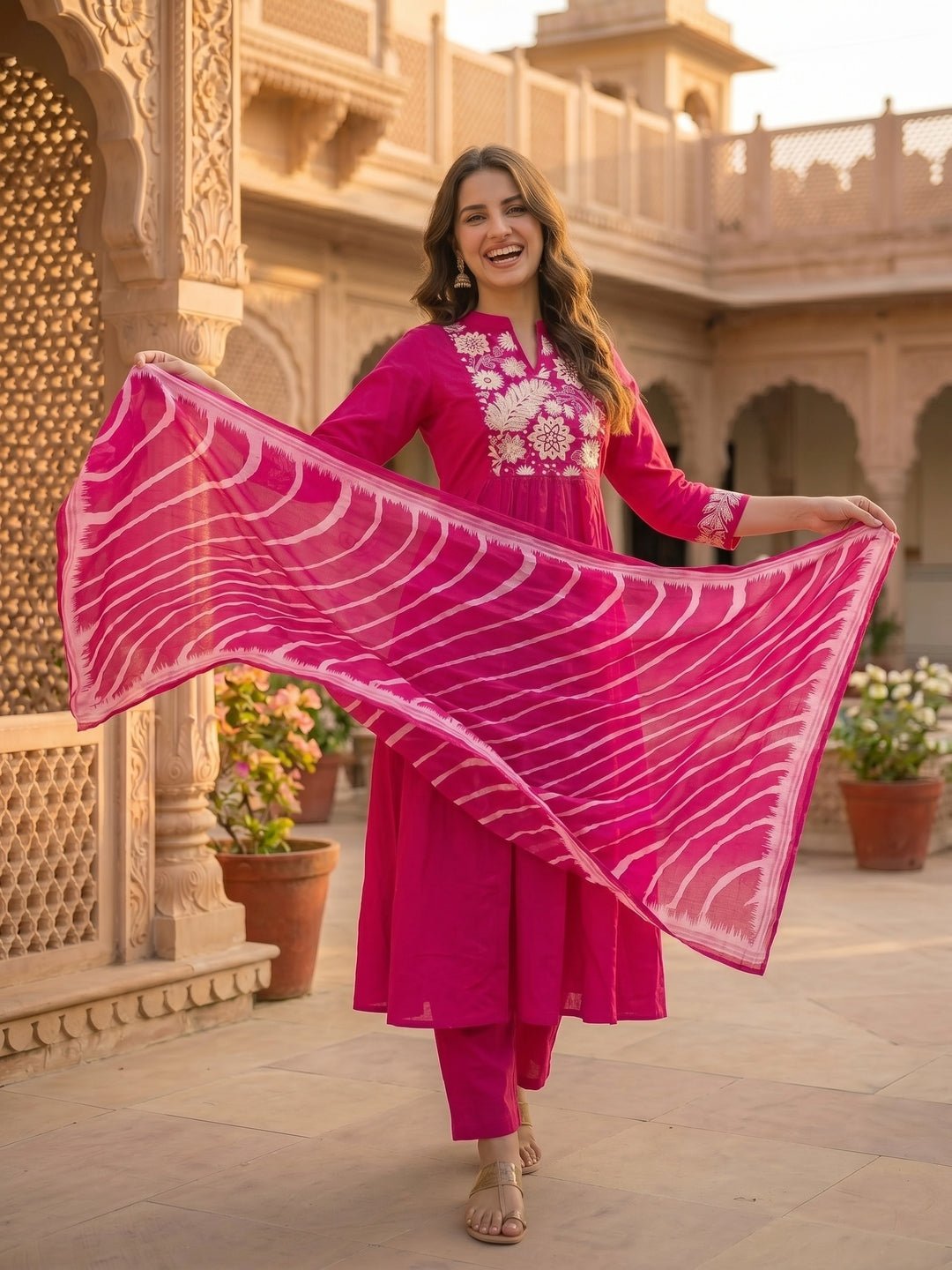 Solid Floral Embroidered A-Line Flared Kurta with Pant & Dupatta - Magenta