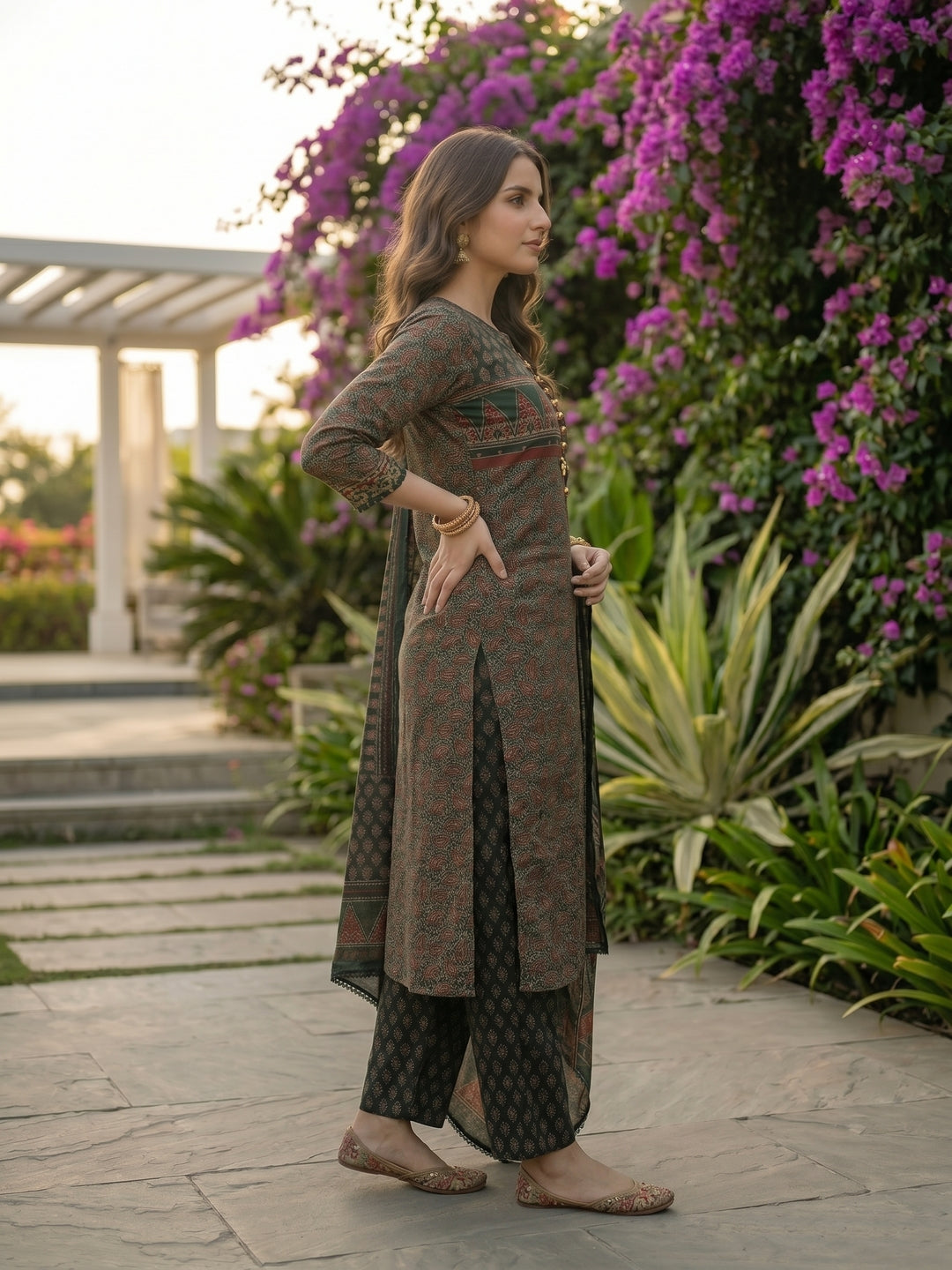 Ethnic Printed Embroidered Straight Fit Kurta with Pant & Dupatta - Green