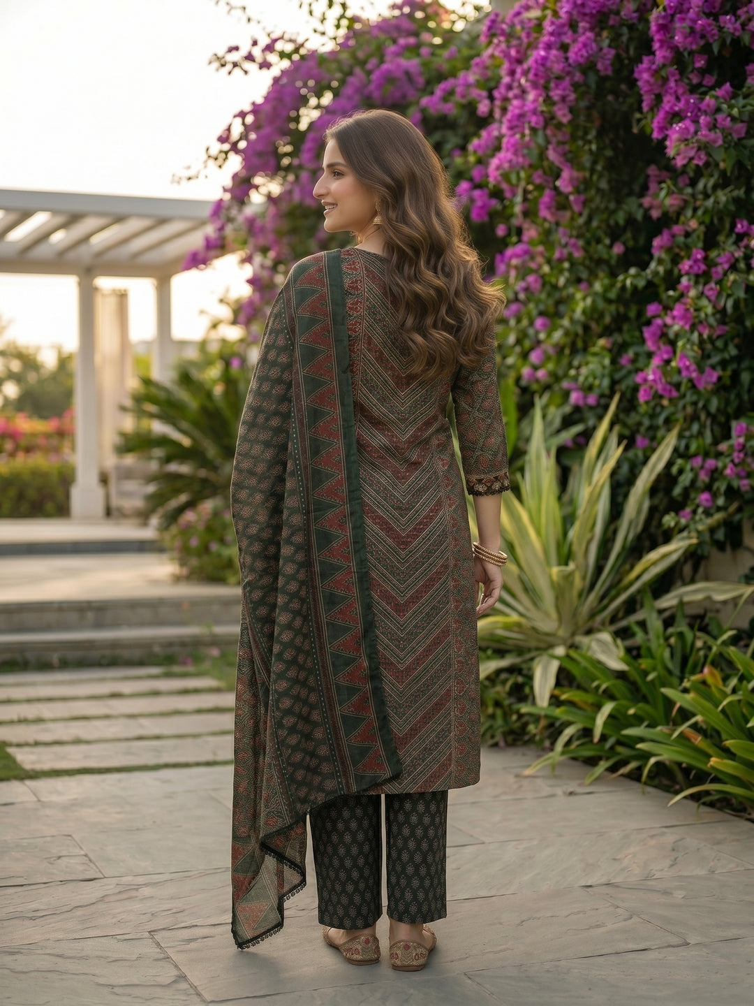 Ethnic Printed Embroidered Straight Fit Kurta with Pant & Dupatta - Green
