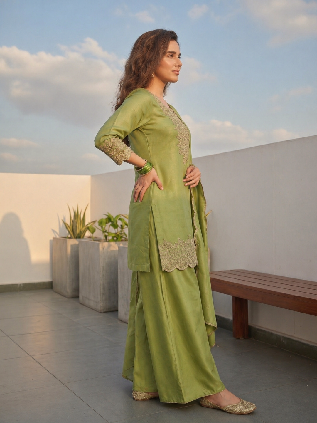 Solid Ethnic Embroidered Straight Kurta with Sharara & Dupatta - Green