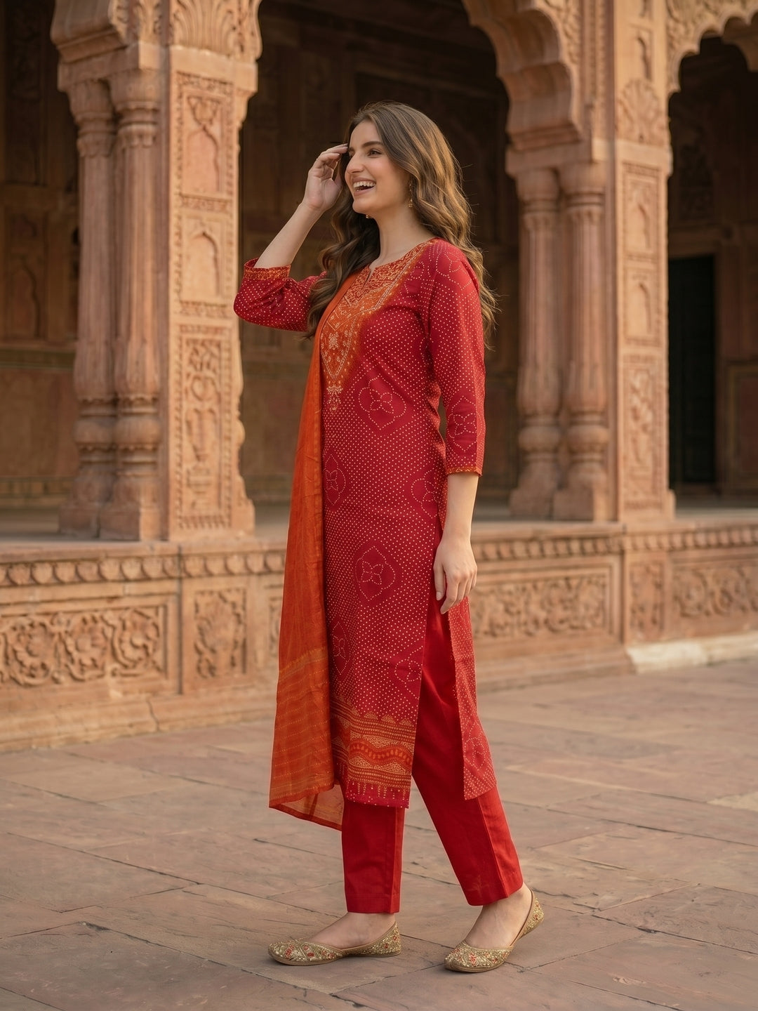 Bandhani Printed & Embroidered Straight Kurta with Pant & Dupatta - Maroon