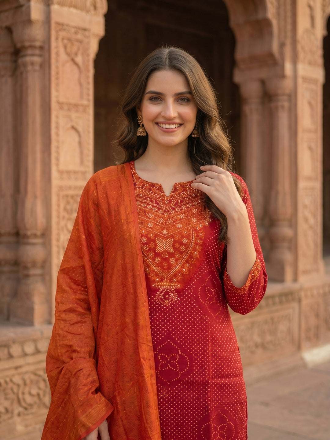 Bandhani Printed & Embroidered Straight Kurta with Pant & Dupatta - Maroon
