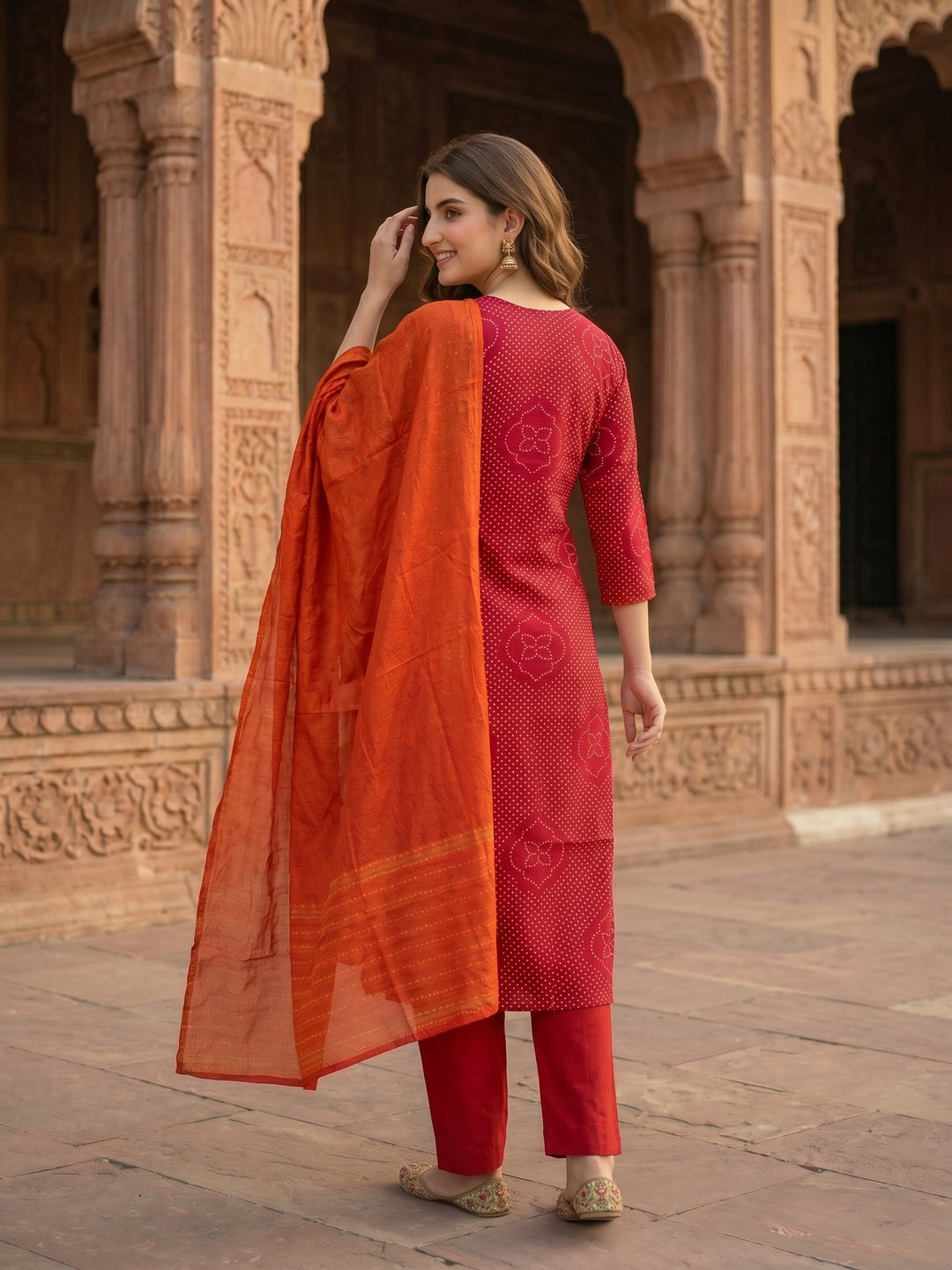 Bandhani Printed & Embroidered Straight Kurta with Pant & Dupatta - Maroon