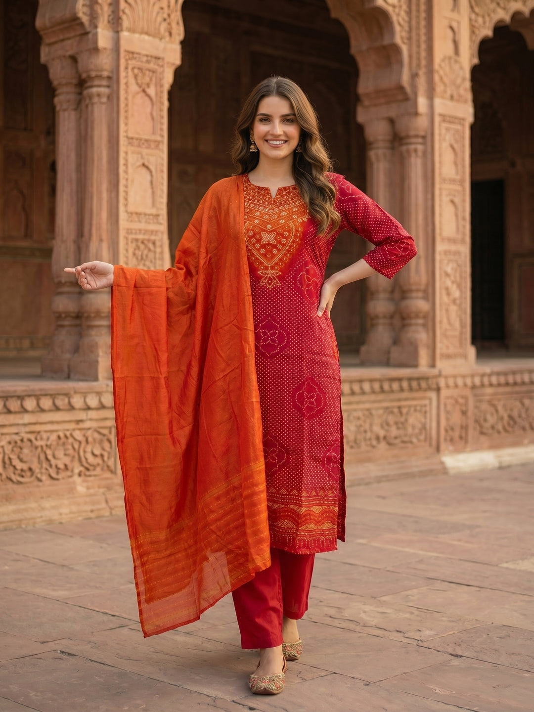 Bandhani Printed & Embroidered Straight Kurta with Pant & Dupatta - Maroon