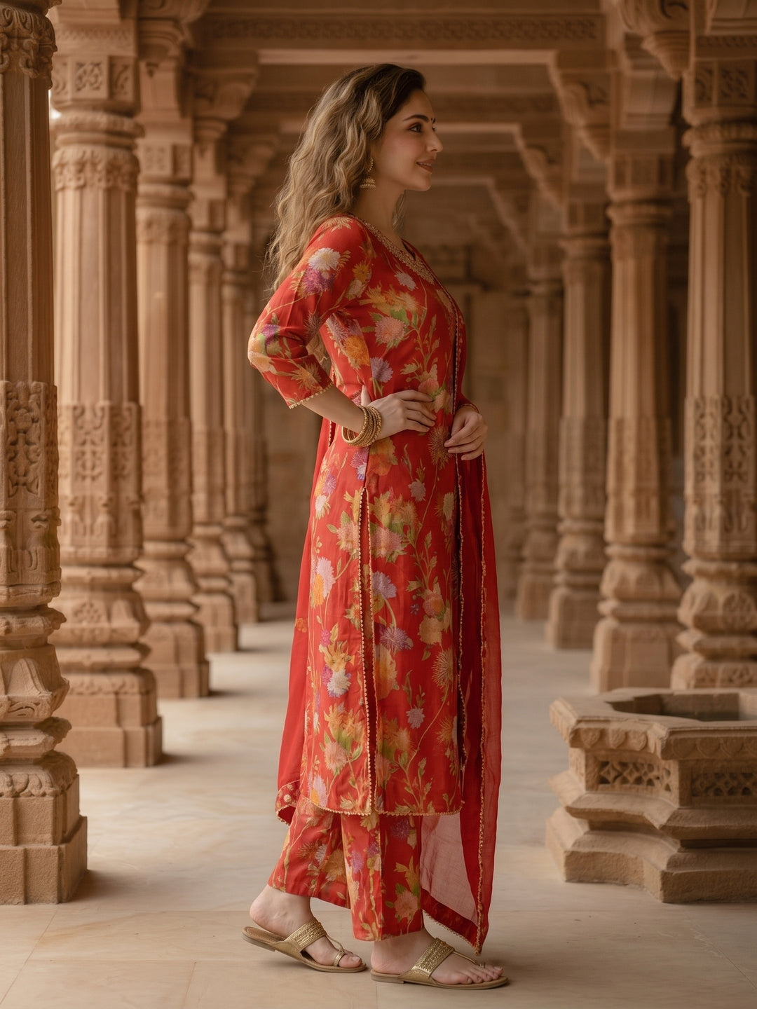 Floral Printed & Embroidered Straight Kurta with Palazzo & Dupatta - Red