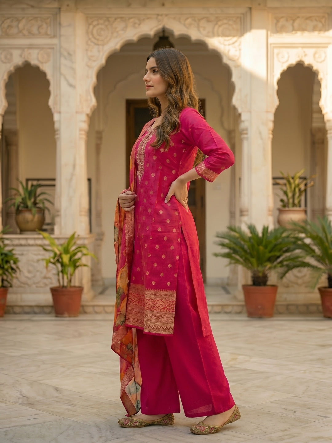 Solid Floral Embroidered Straight Kurta with Palazzo & Dupatta - Rani