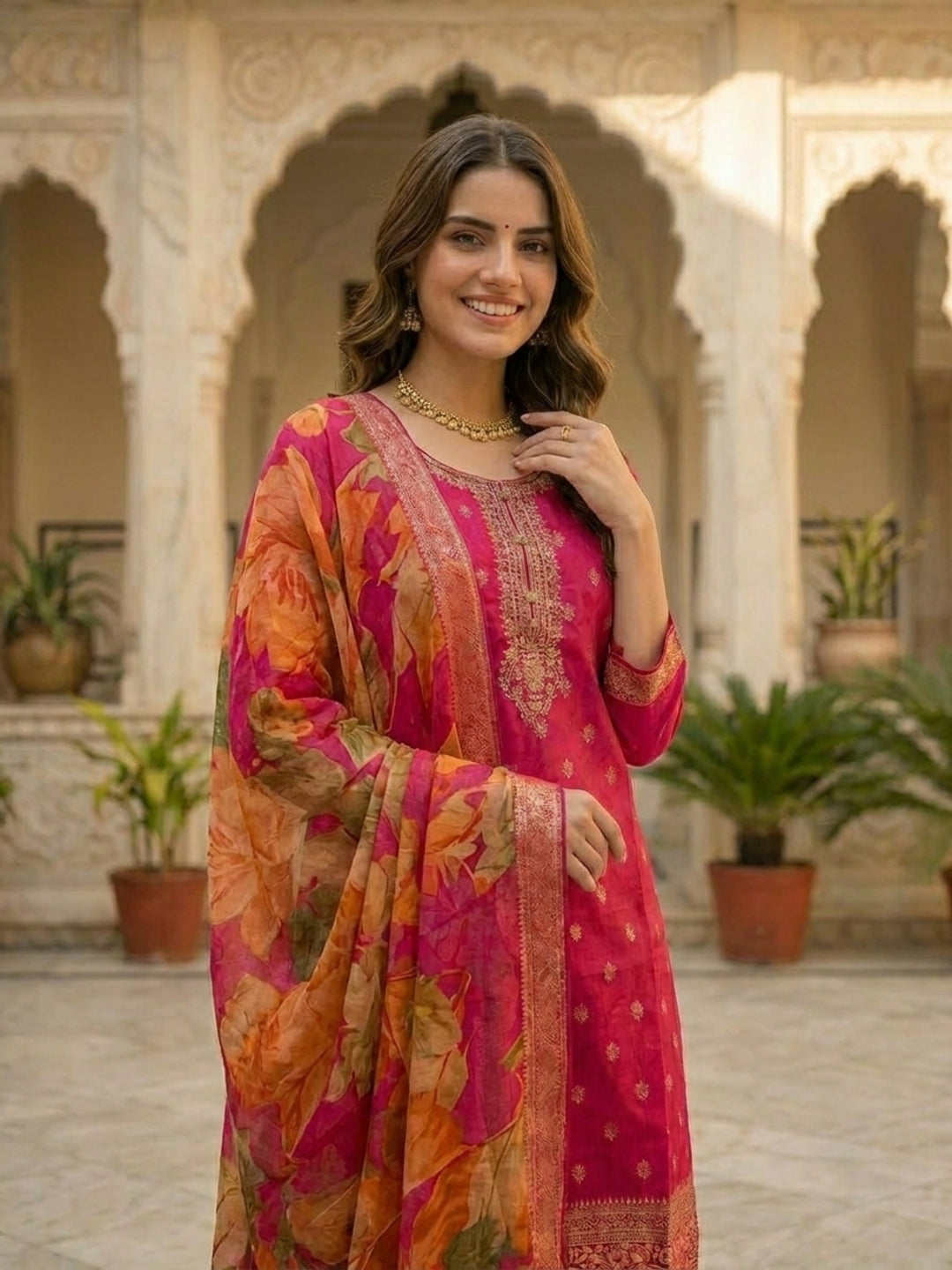 Solid Floral Embroidered Straight Kurta with Palazzo & Dupatta - Rani