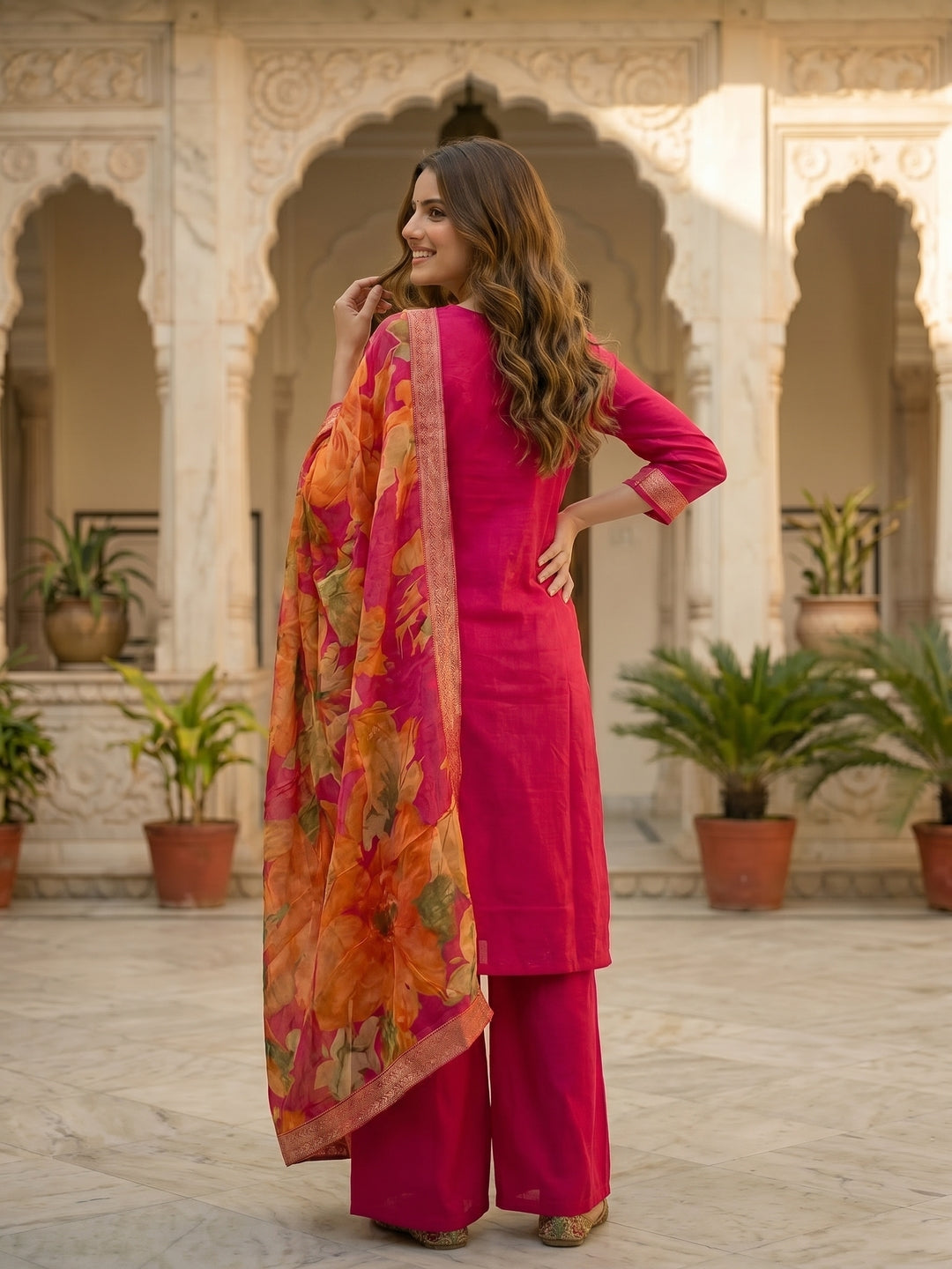 Solid Floral Embroidered Straight Kurta with Palazzo & Dupatta - Rani