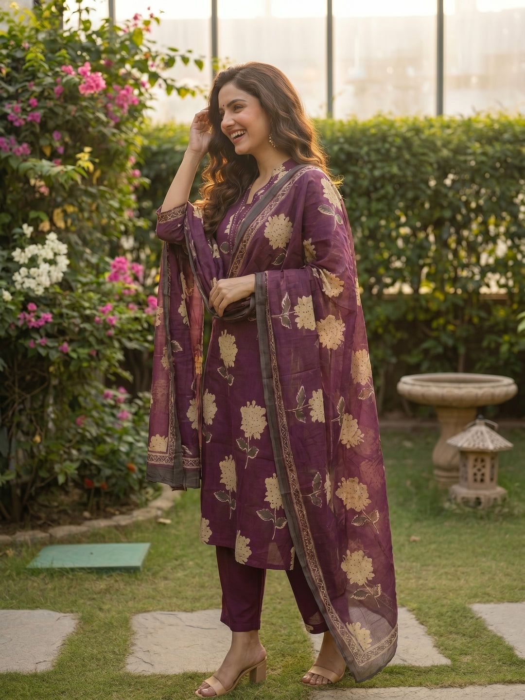 Abstract Floral Printed Straight Kurta with Pant & Dupatta - Burgundy