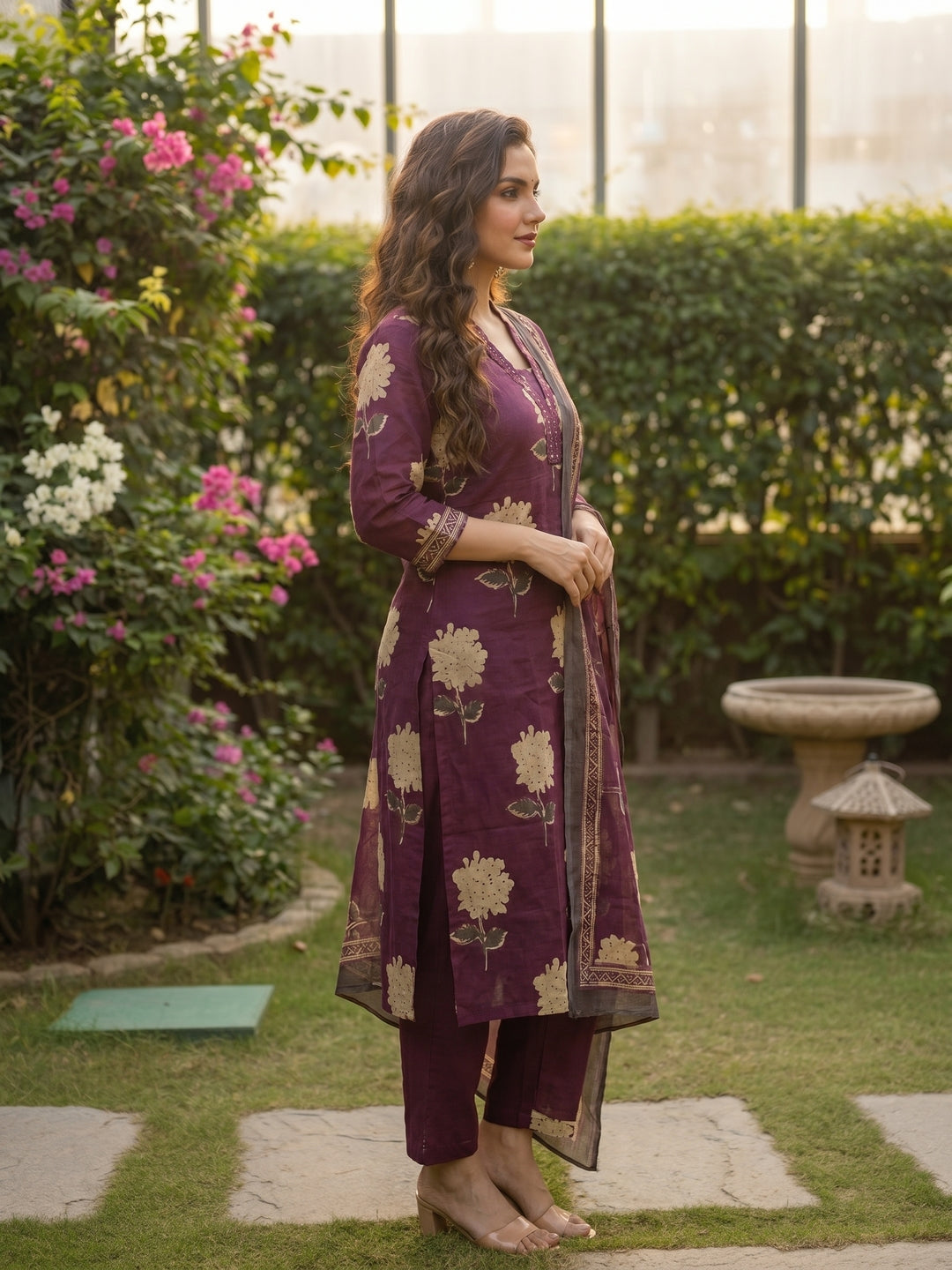 Abstract Floral Printed Straight Kurta with Pant & Dupatta - Burgundy
