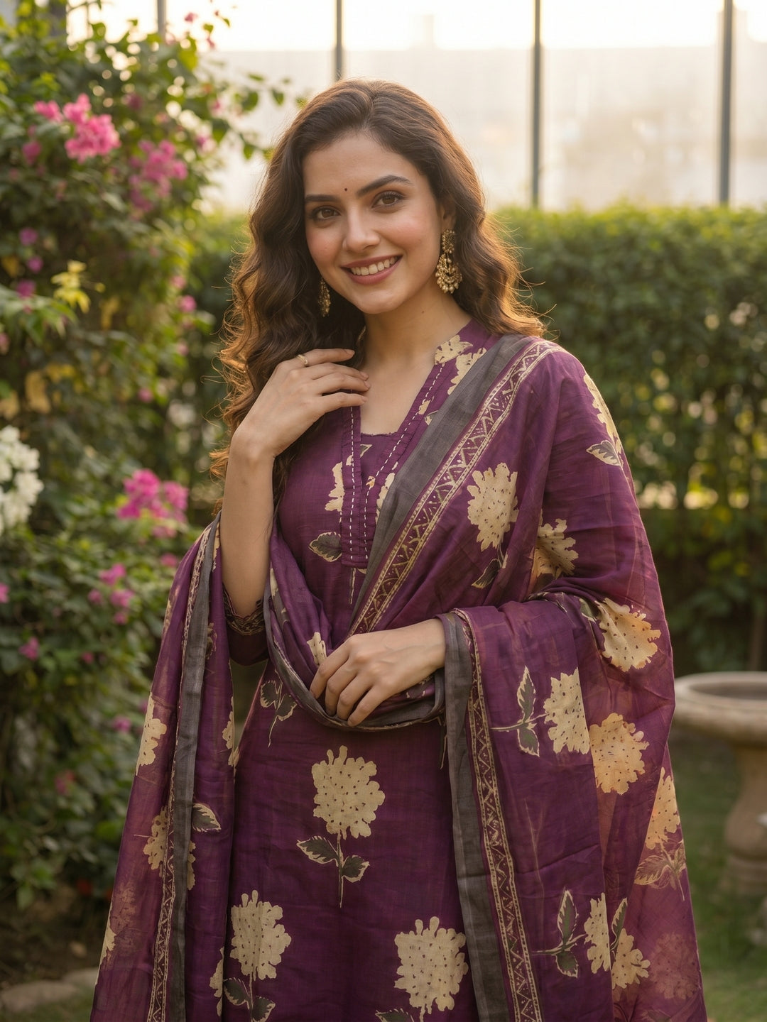 Abstract Floral Printed Straight Kurta with Pant & Dupatta - Burgundy