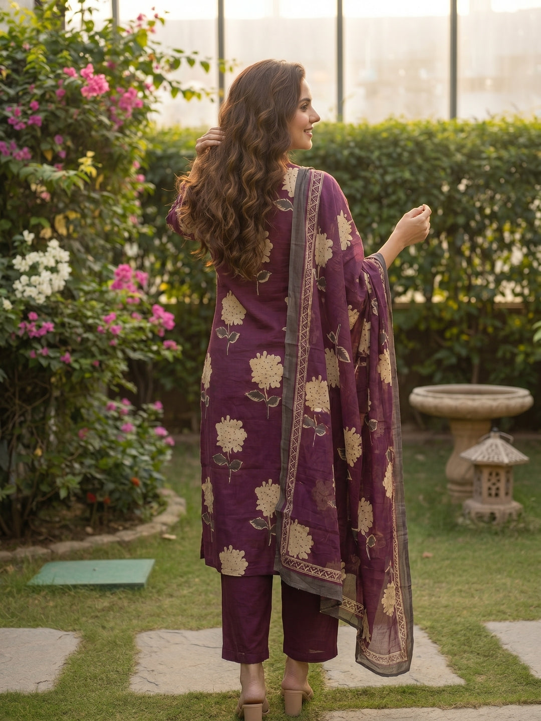 Abstract Floral Printed Straight Kurta with Pant & Dupatta - Burgundy