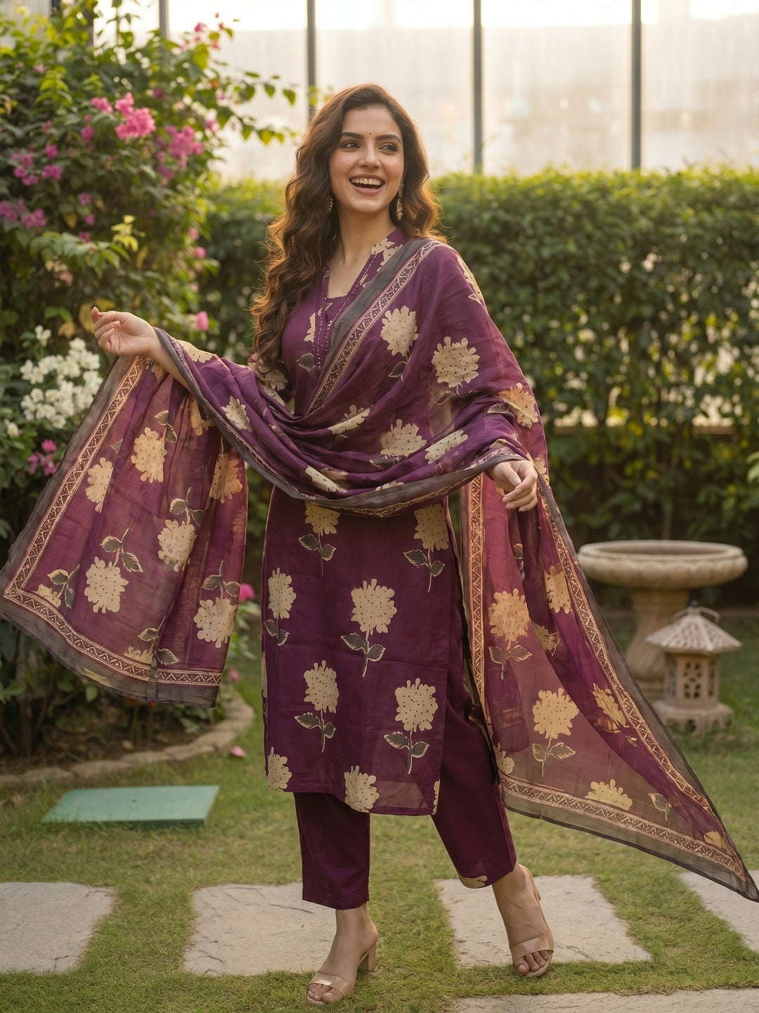 Abstract Floral Printed Straight Kurta with Pant & Dupatta - Burgundy