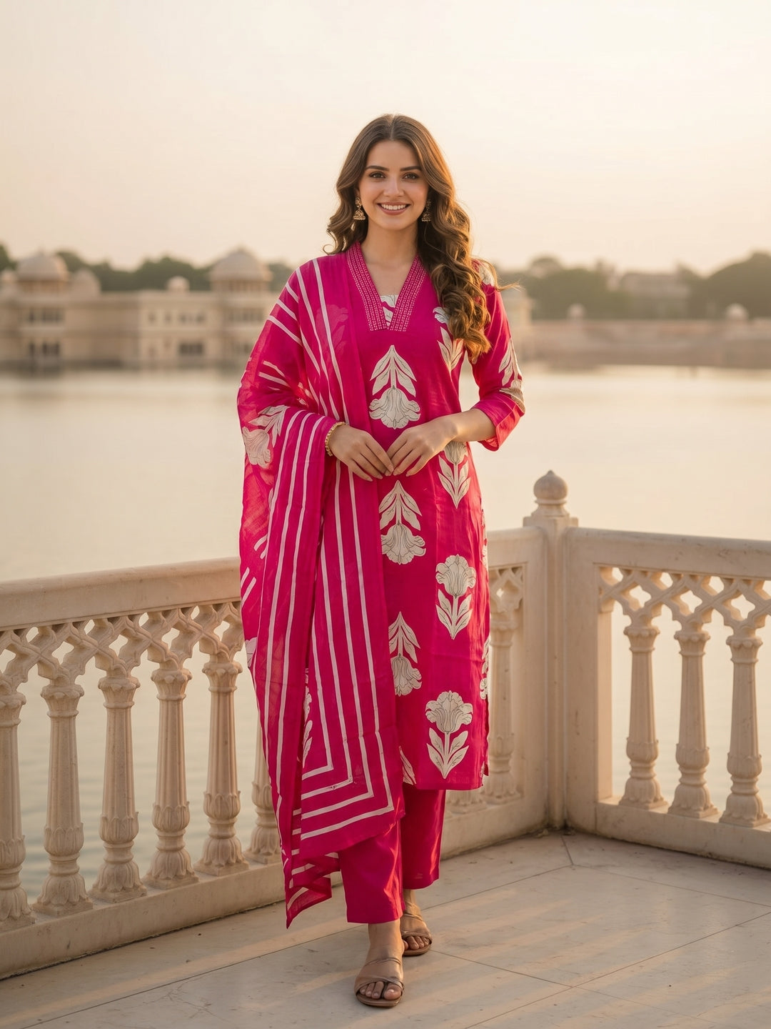 Abstract Floral Printed & Embroidered Straight Kurta with Pant & Dupatta - Pink