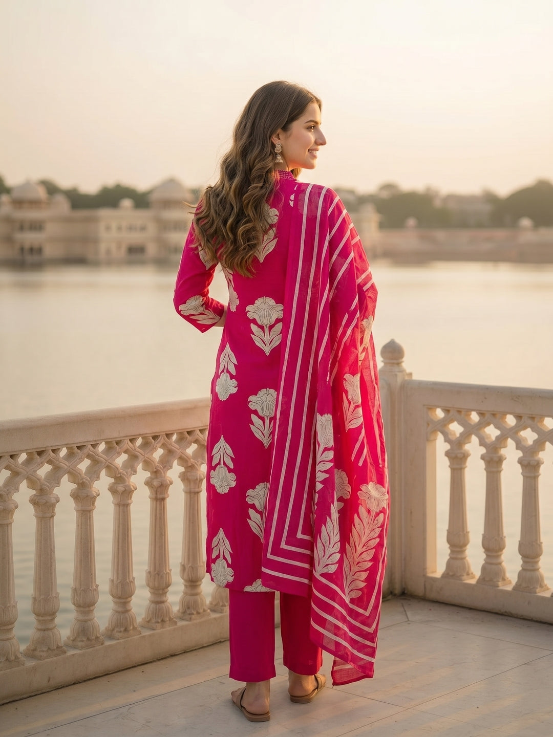 Abstract Floral Printed & Embroidered Straight Kurta with Pant & Dupatta - Pink