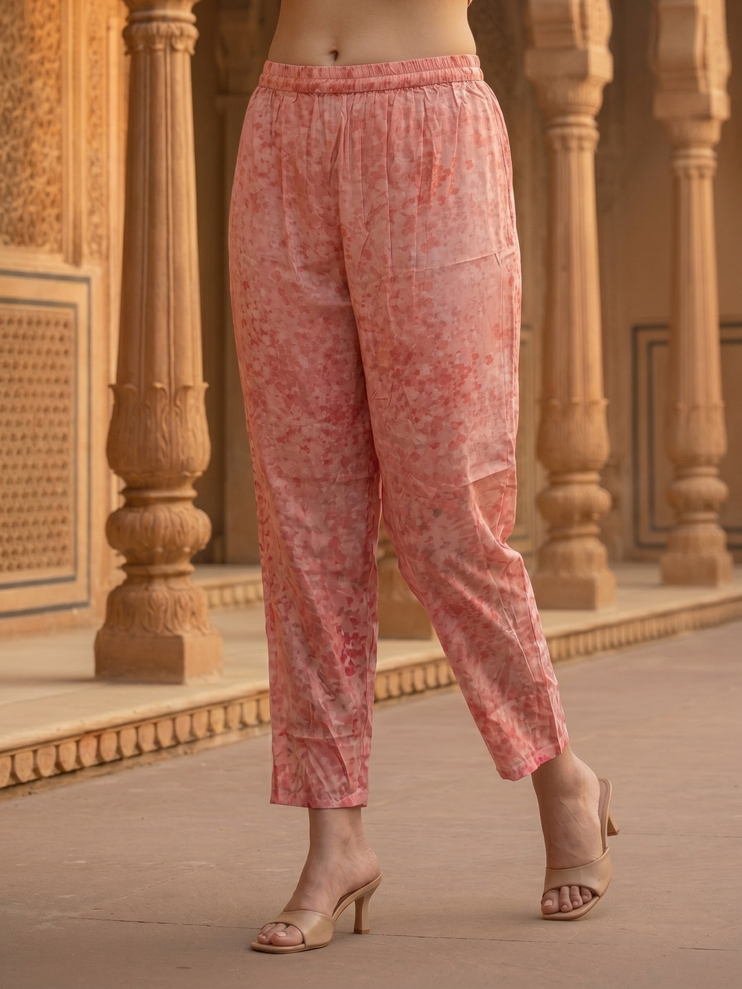 Abstract Floral Printed High-Low Straight Kurta with Pant Co-ord Set - Pink