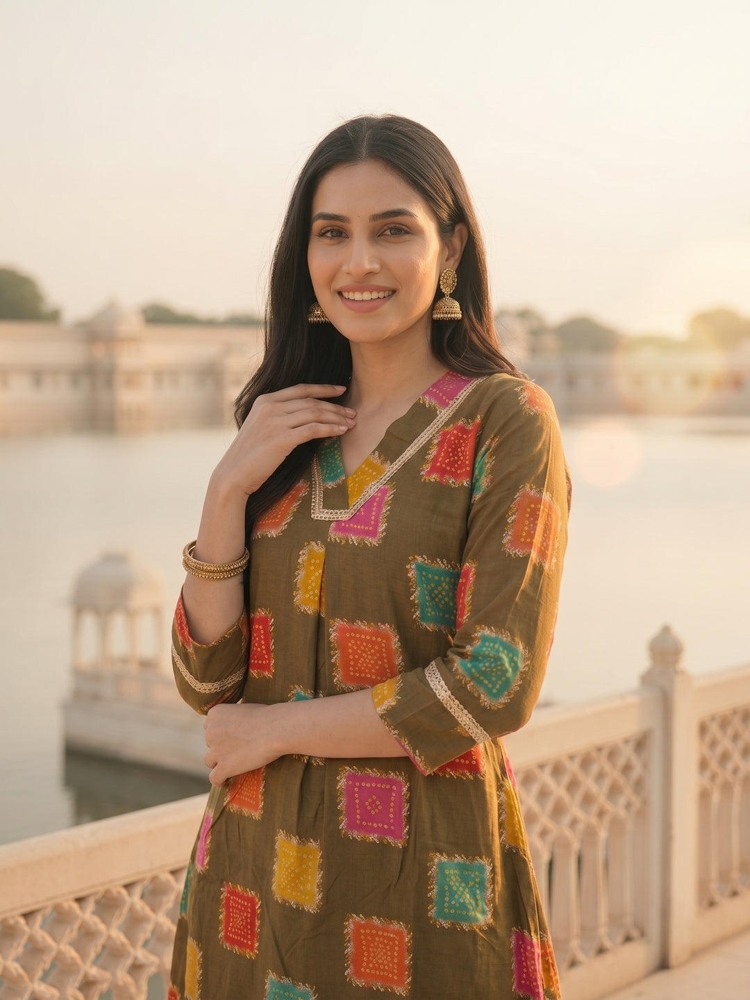 Ethnic Floral Foil Printed A-Line Co-ord Set - Green