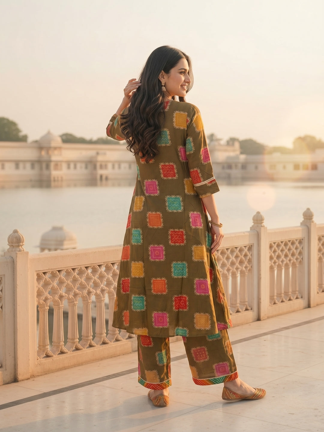 Ethnic Floral Foil Printed A-Line Co-ord Set - Green