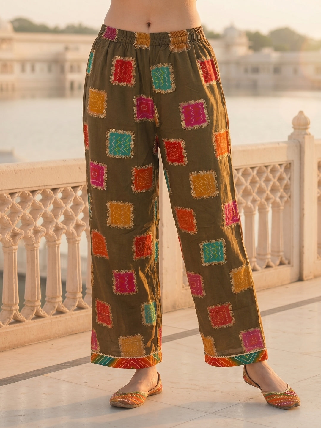 Ethnic Floral Foil Printed A-Line Co-ord Set - Green