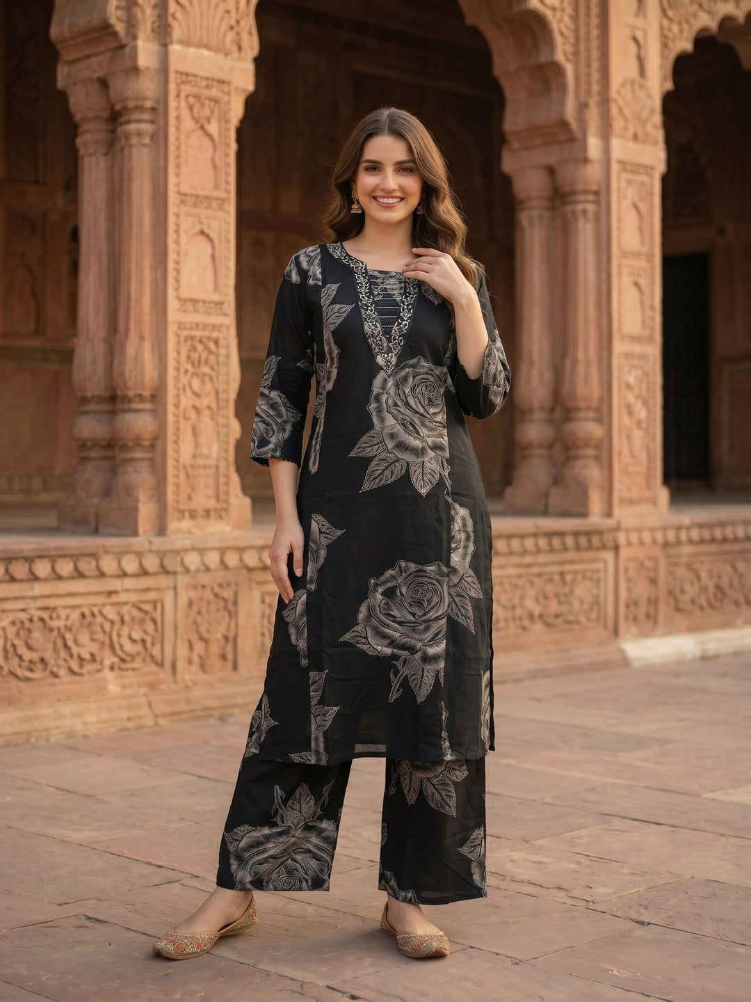 Abstract Floral Printed & Embroidered A-Line Kurta with Palazzo Co-ord Set - Black
