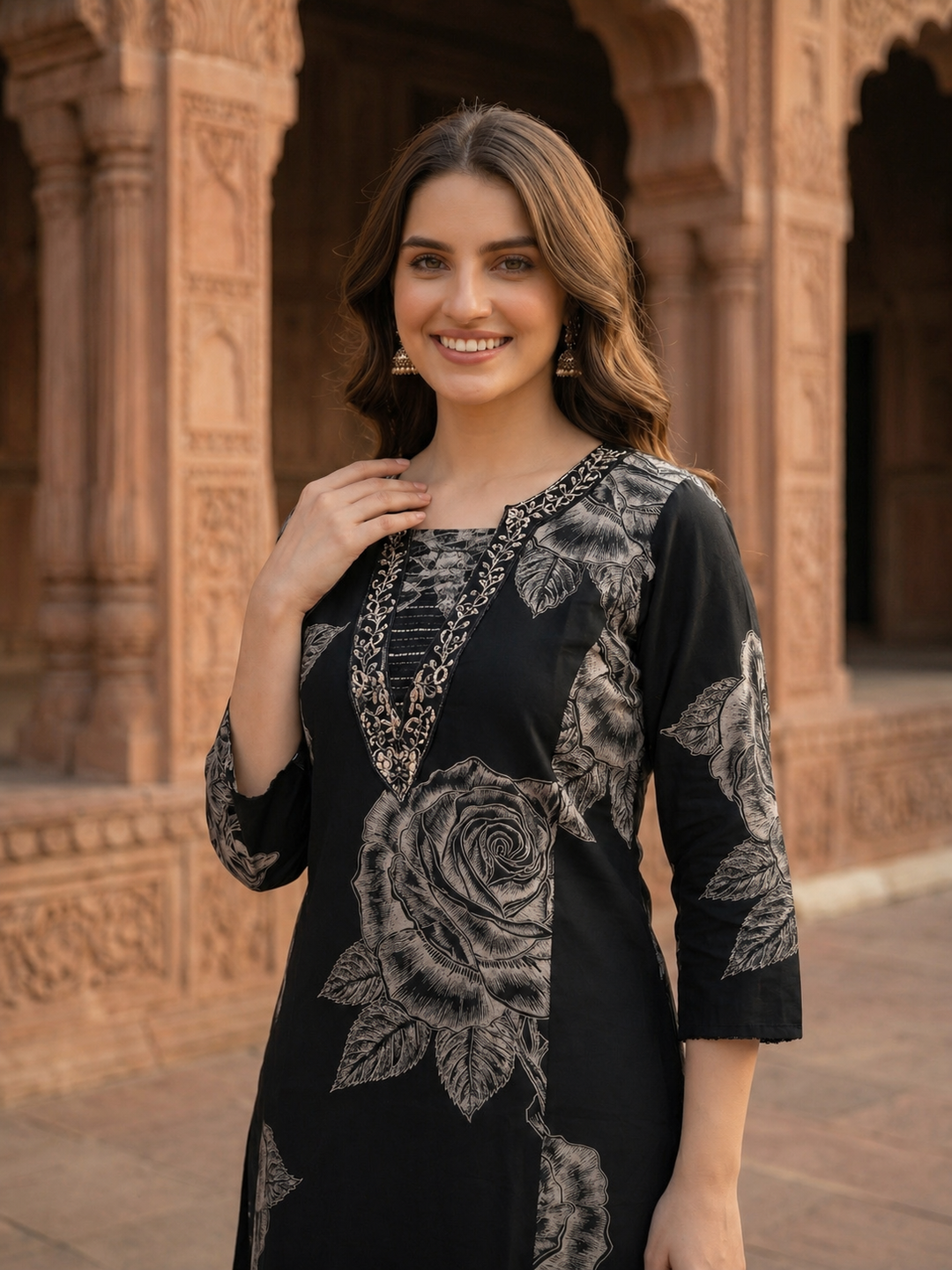 Abstract Floral Printed & Embroidered A-Line Kurta with Palazzo Co-ord Set - Black