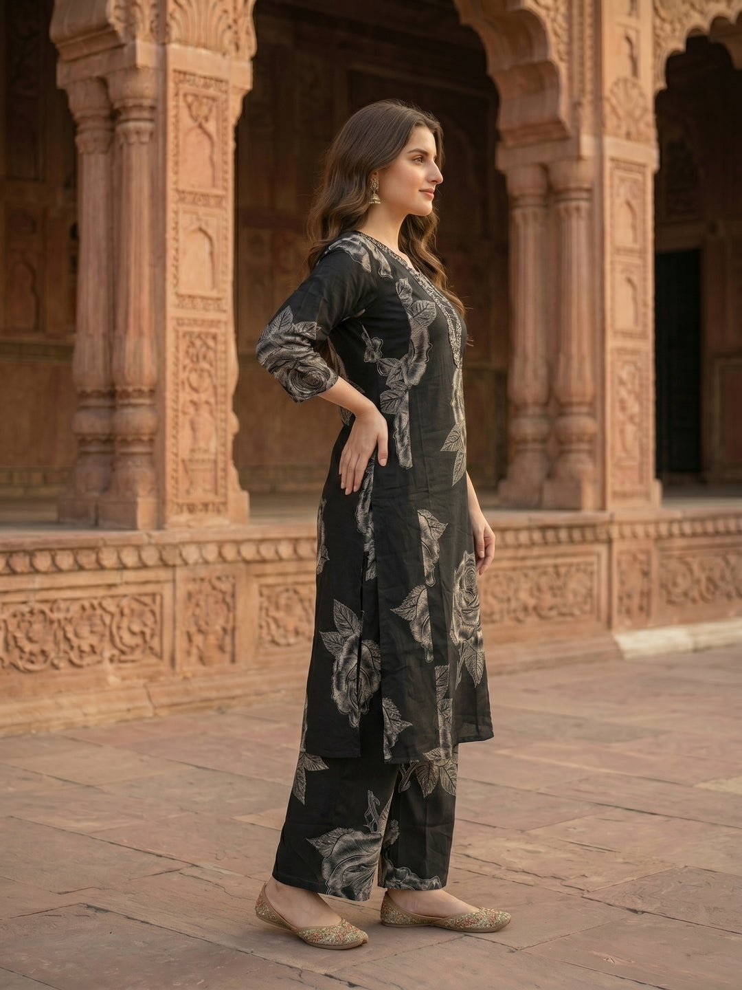 Abstract Floral Printed & Embroidered A-Line Kurta with Palazzo Co-ord Set - Black