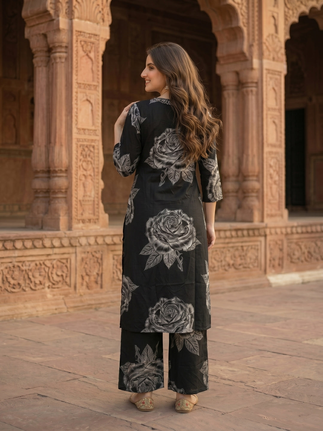 Abstract Floral Printed & Embroidered A-Line Kurta with Palazzo Co-ord Set - Black