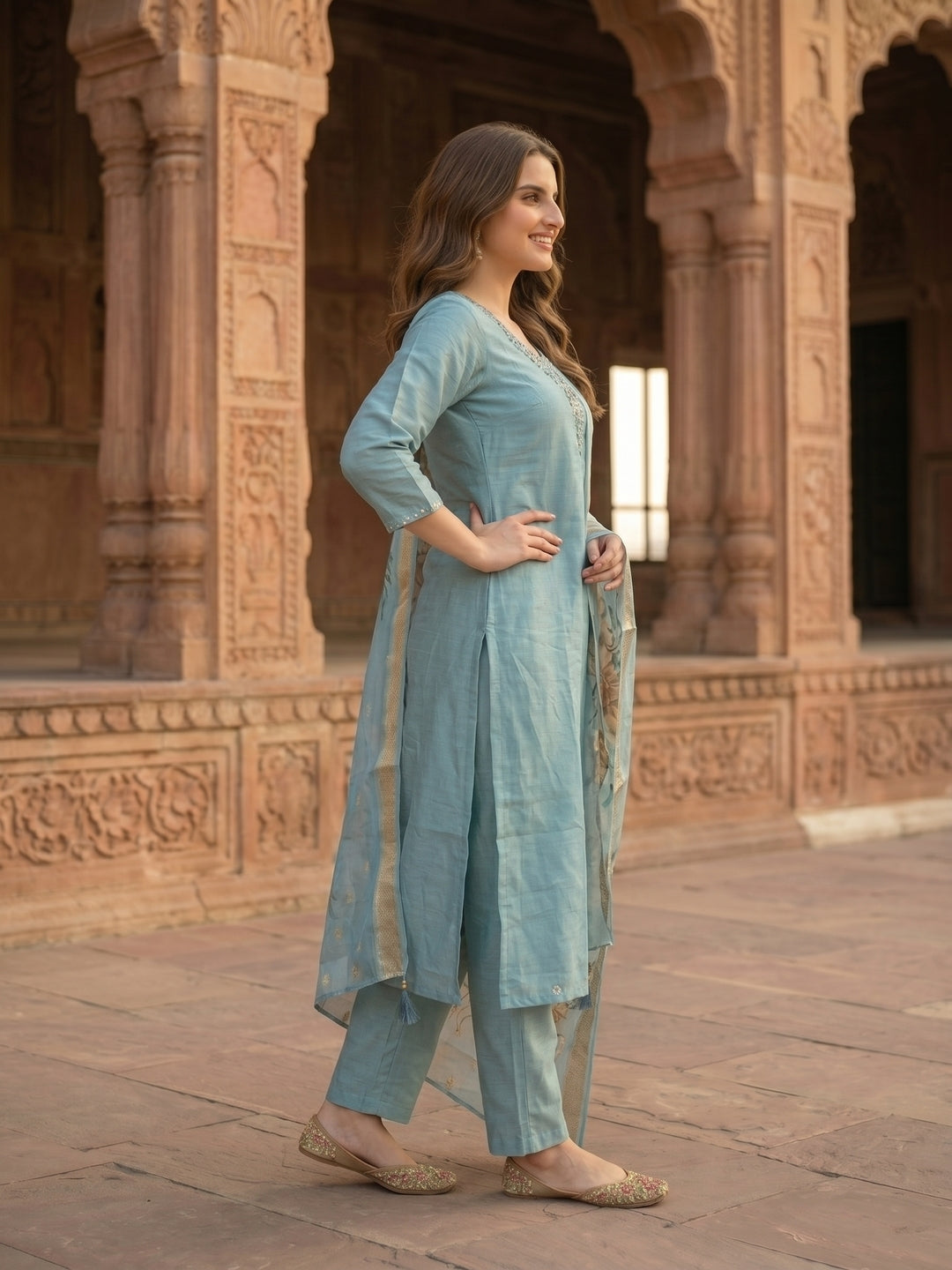 Solid Hand Embroidered Straight Kurta with Pant & Dupatta - Blue