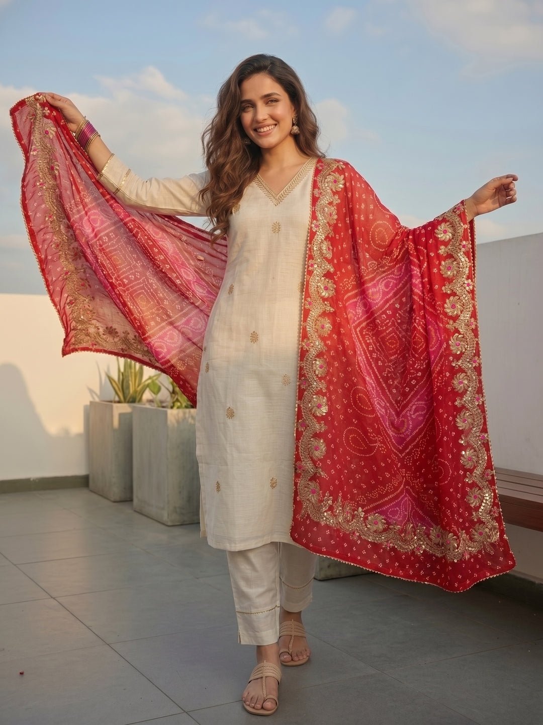 Solid Gota Patti Embroidered Straight Fit Kurta with Pant and Bandhani Printed Dupatta - Off White
