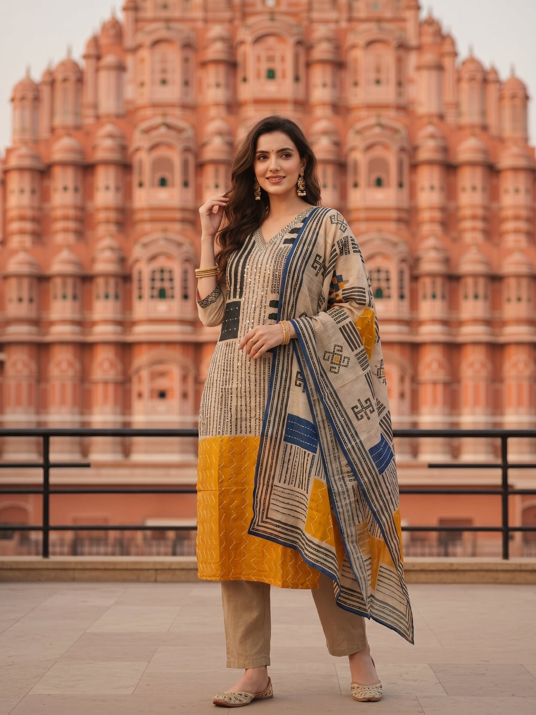 Ethnic Printed & Kantha Embroidered Straight Kurta with Pant & Dupatta - Grey