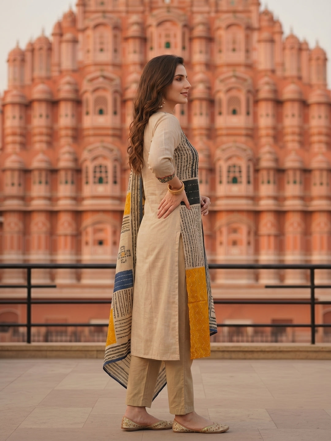 Ethnic Printed & Kantha Embroidered Straight Kurta with Pant & Dupatta - Grey