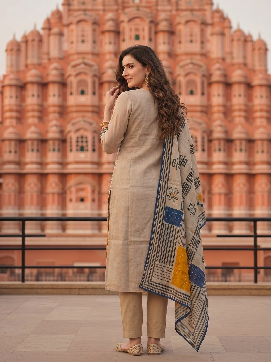 Ethnic Printed & Kantha Embroidered Straight Kurta with Pant & Dupatta - Grey