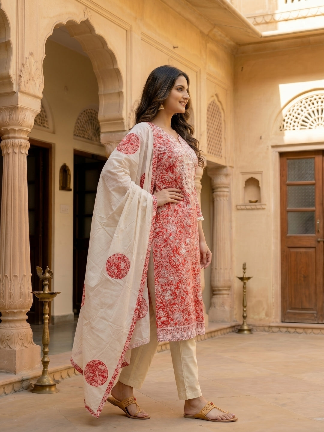 Coral Paisley Printed Chikankari Embroidered Straight Kurta with Pant & Dupatta