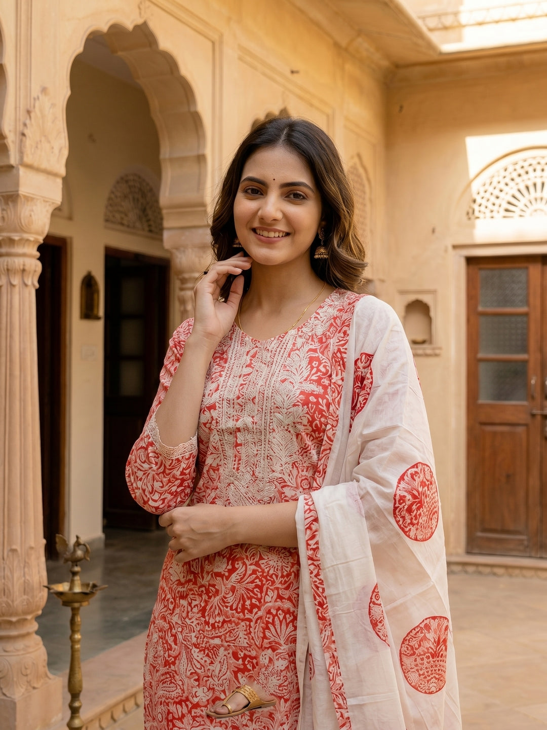 Coral Paisley Printed Chikankari Embroidered Straight Kurta with Pant & Dupatta