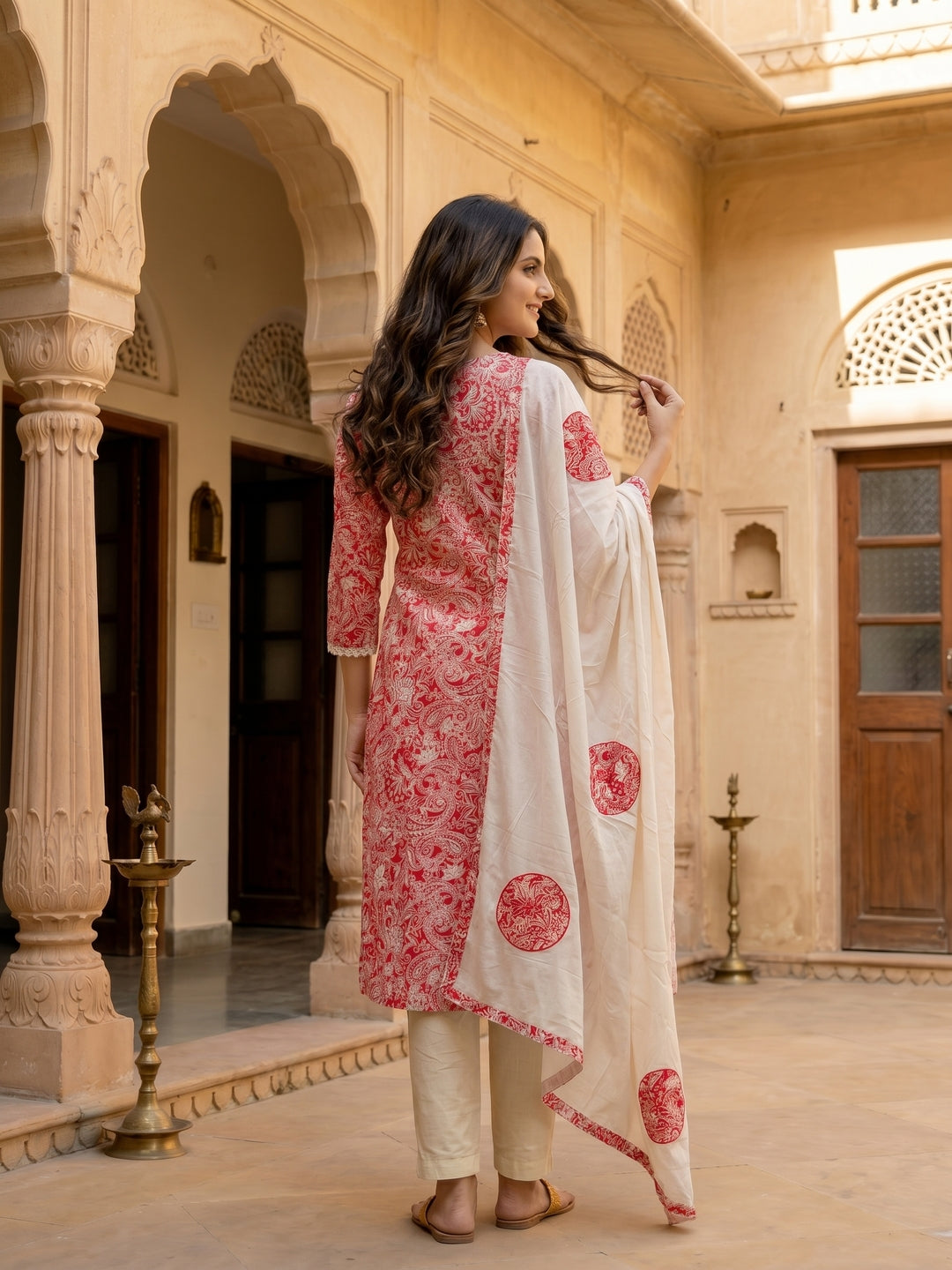 Coral Paisley Printed Chikankari Embroidered Straight Kurta with Pant & Dupatta