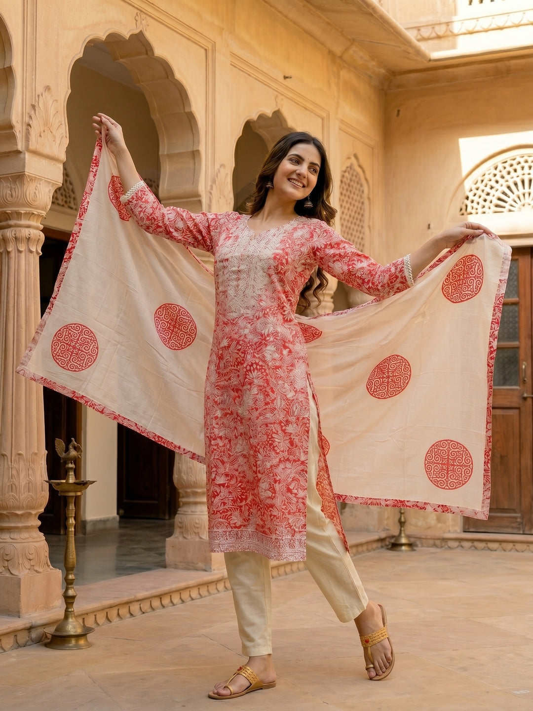 Coral Paisley Printed Chikankari Embroidered Straight Kurta with Pant & Dupatta