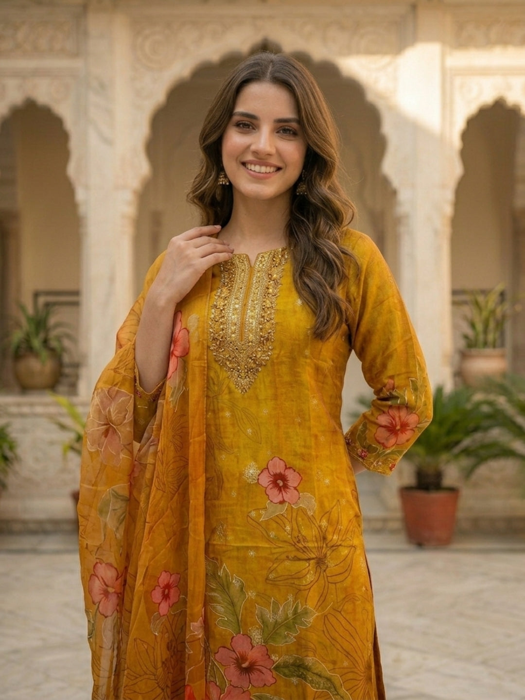 Floral Printed & Embroidered Straight Kurta with Pant & Dupatta - Mustard