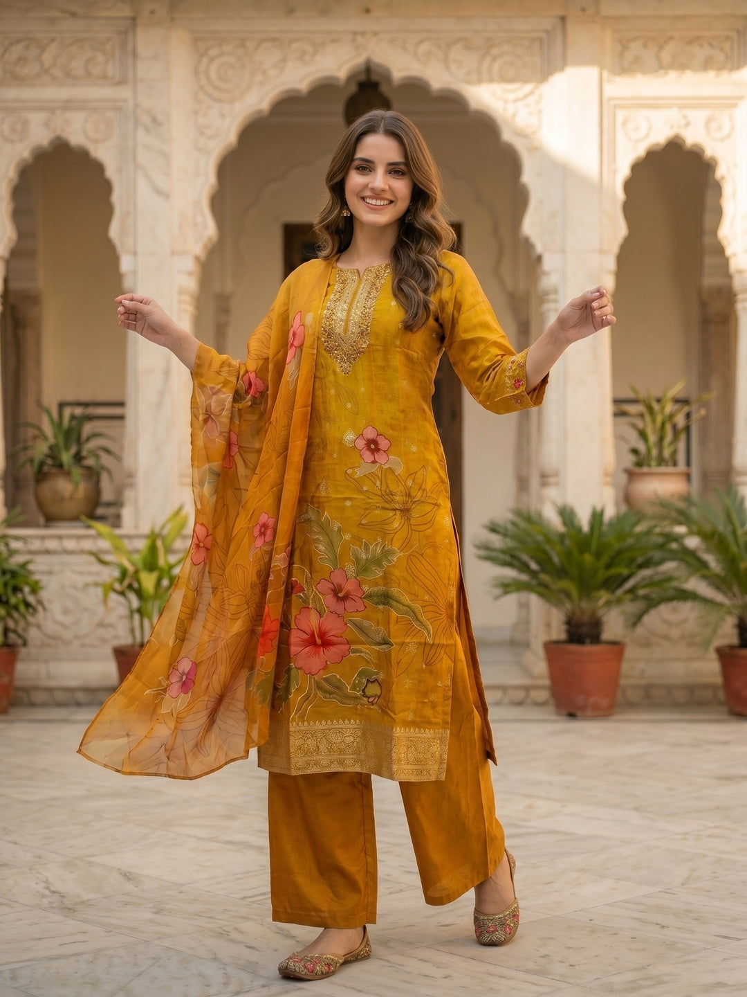Floral Printed & Embroidered Straight Kurta with Pant & Dupatta - Mustard