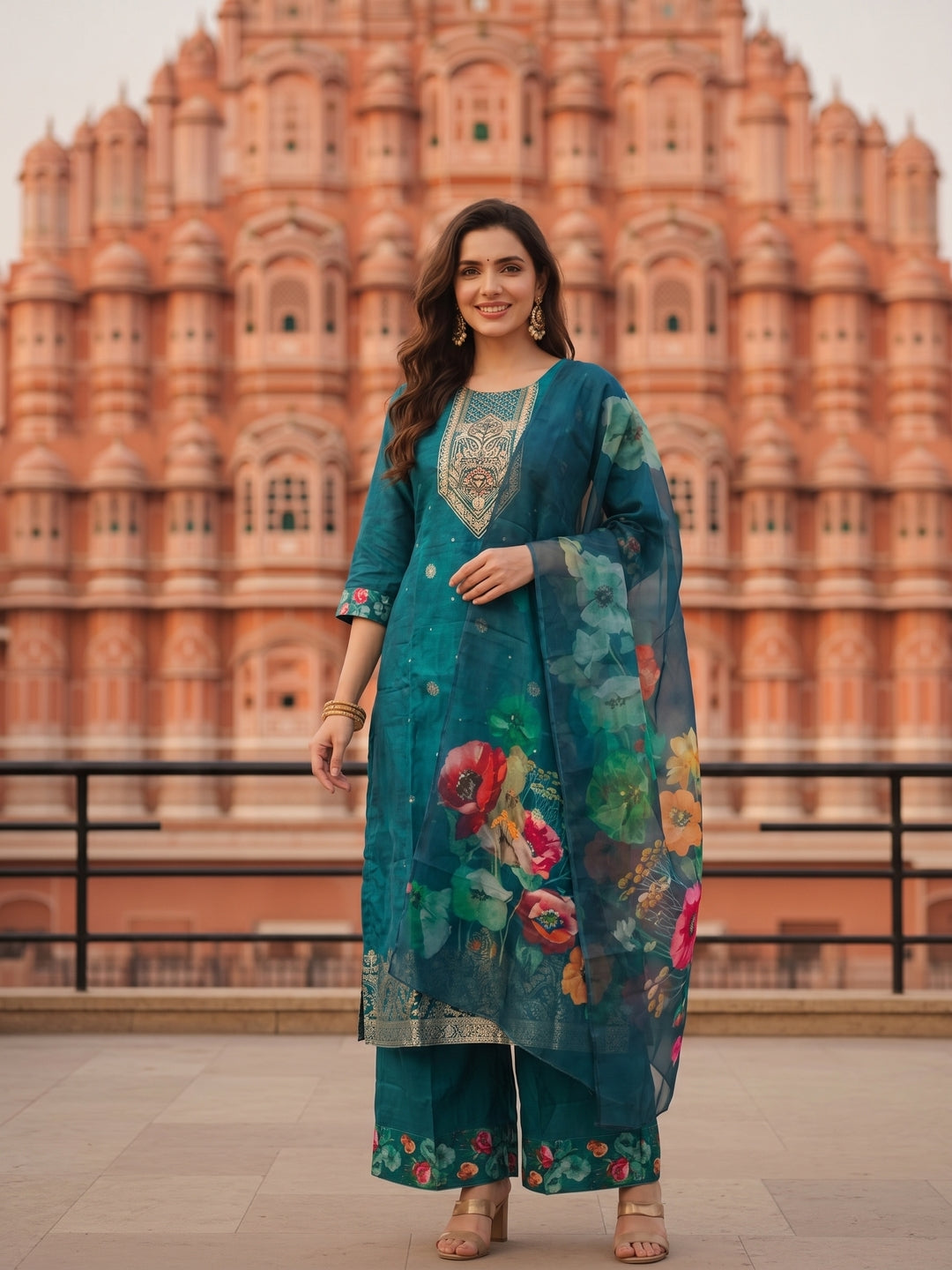 Turquoise Blue Floral Printed & Embroidered Straight Kurta with Pant & Dupatta