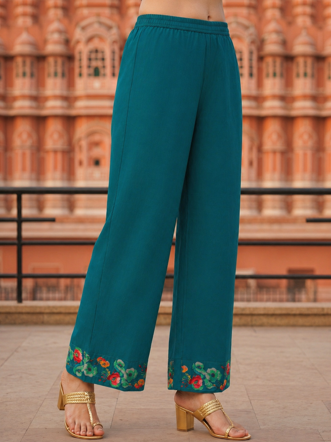 Turquoise Blue Floral Printed & Embroidered Straight Kurta with Pant & Dupatta