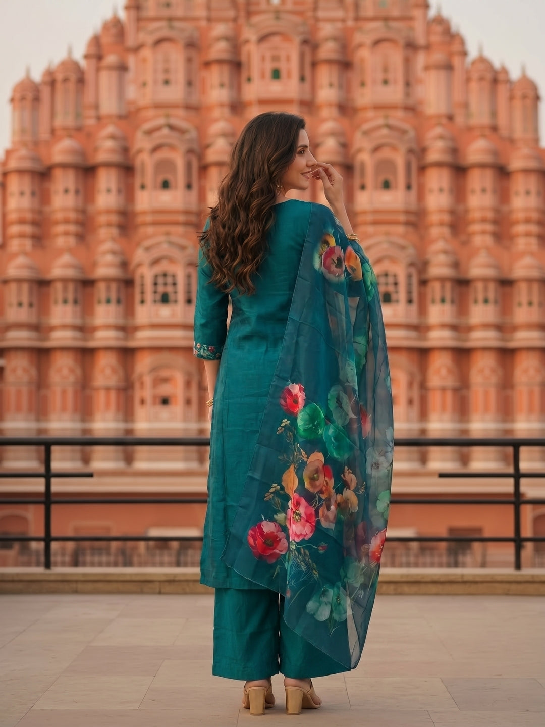 Turquoise Blue Floral Printed & Embroidered Straight Kurta with Pant & Dupatta