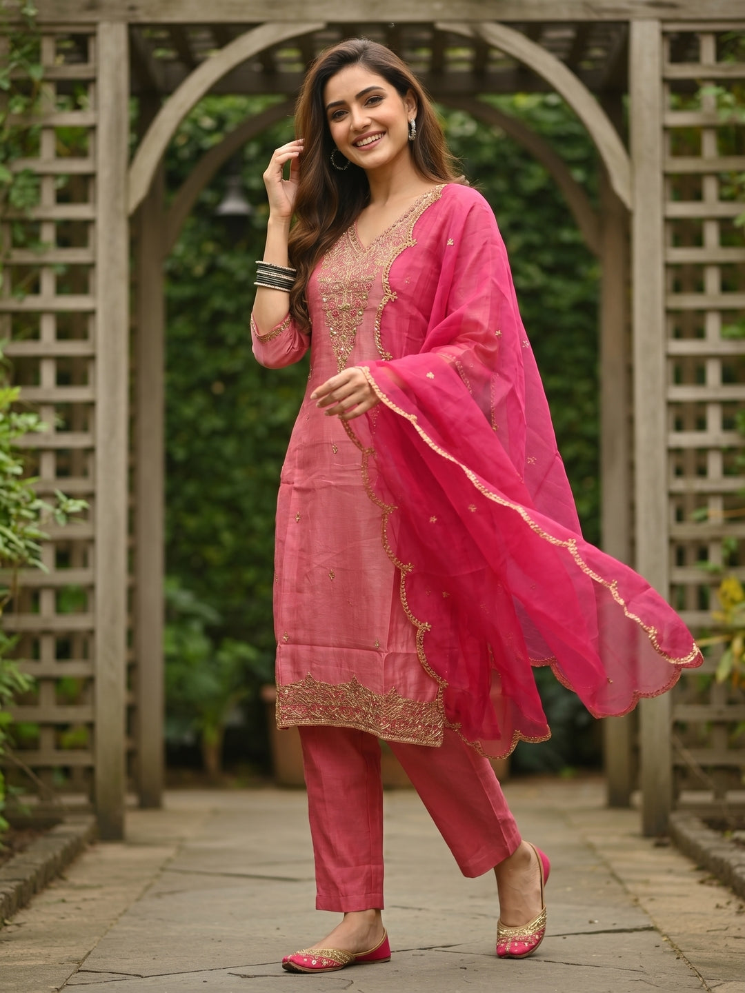 Solid Embroidered Straight Kurta with Palazzo & Organza Dupatta - Pink