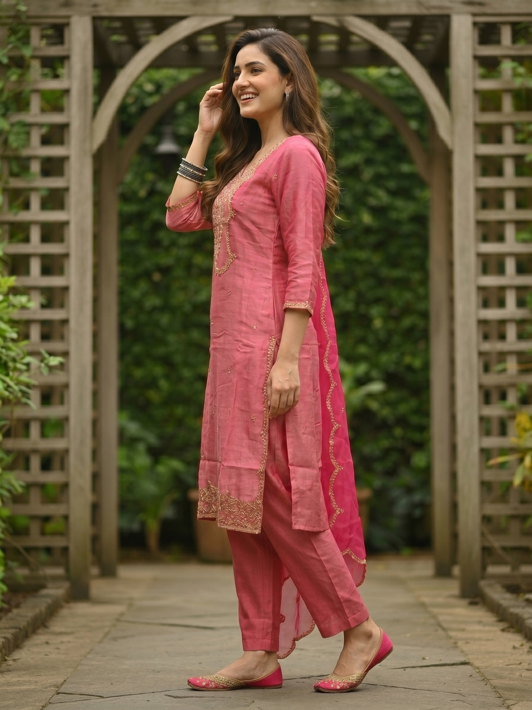 Solid Embroidered Straight Kurta with Palazzo & Organza Dupatta - Pink
