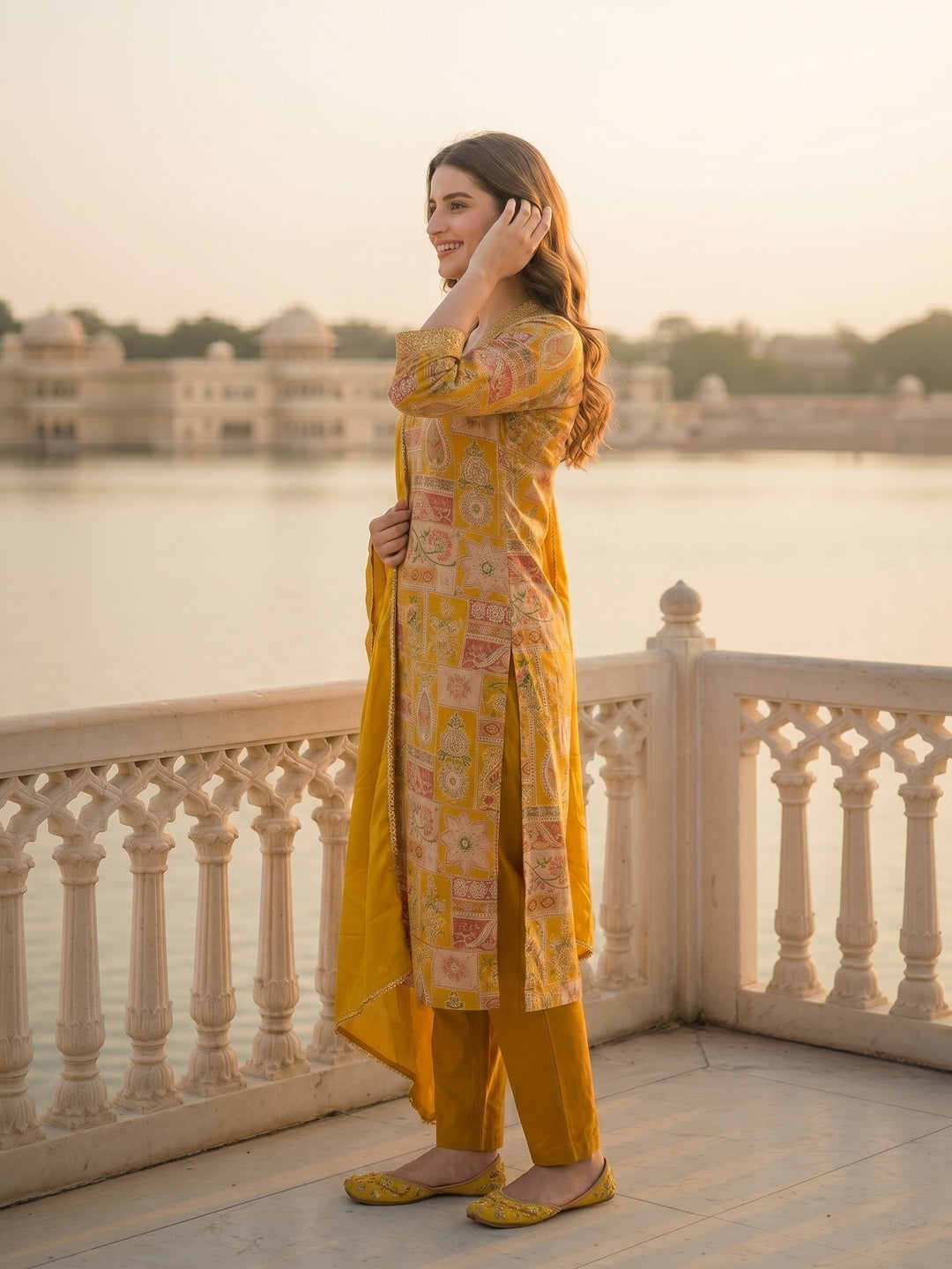 Ethnic Floral Printed & Embroidered Straight Kurta with Pant & Dupatta - Yellow