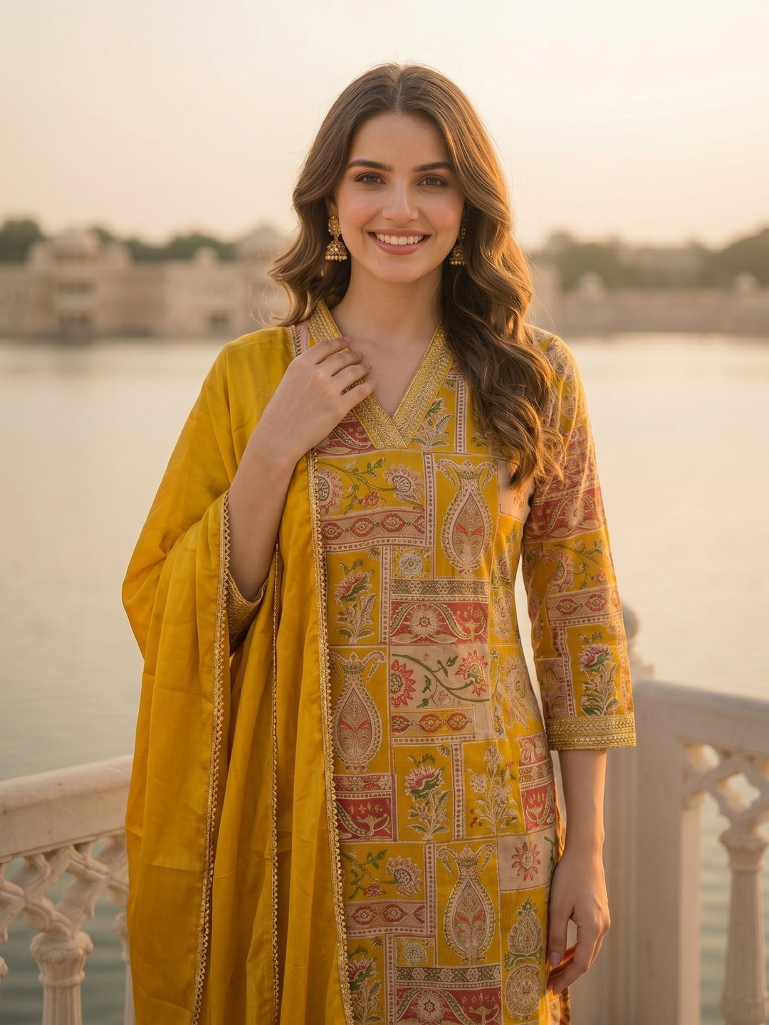 Ethnic Floral Printed & Embroidered Straight Kurta with Pant & Dupatta - Yellow