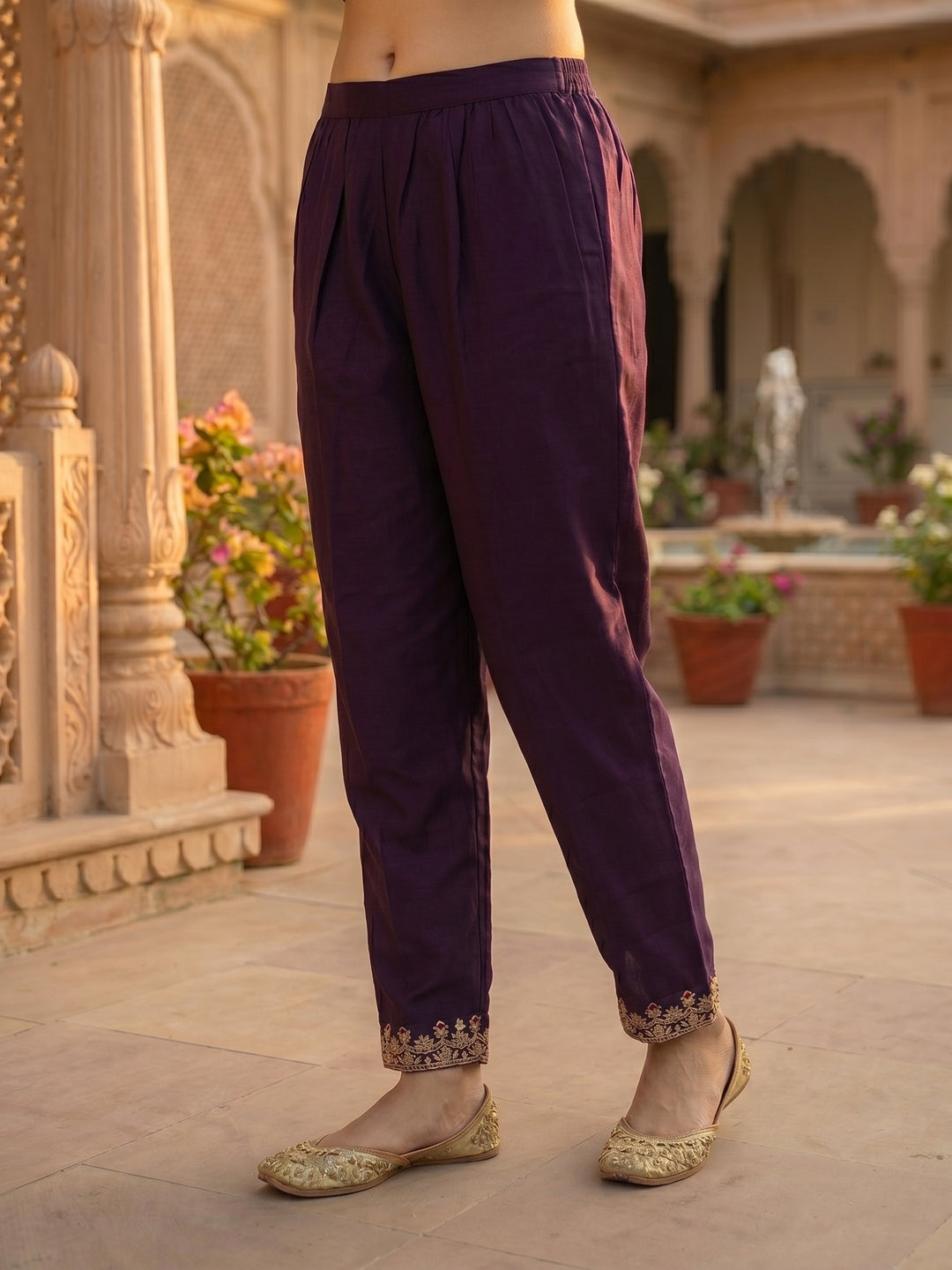Solid Embroidered Straight Kurta with Pant & Dupatta - Purple