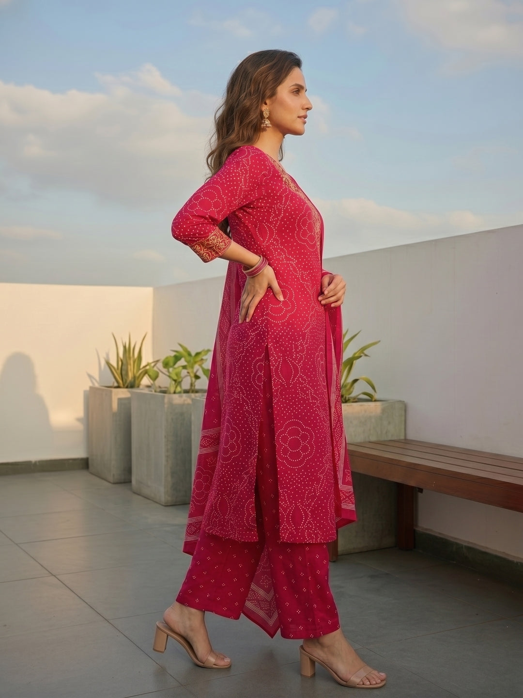 Ethnic Printed & Embellished Neckline Straight Kurta with Pant & Dupatta - Rani Pink